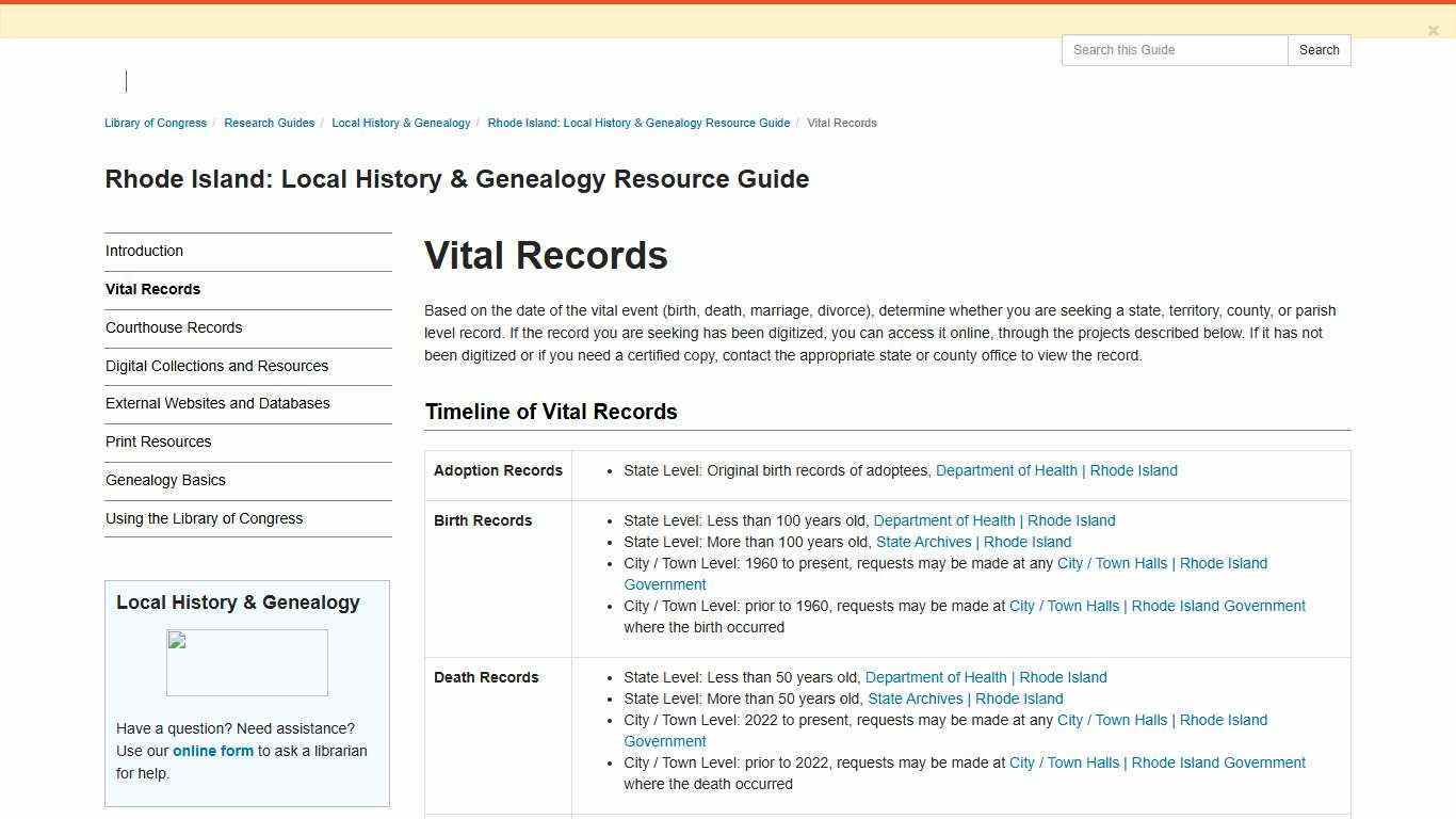 Vital Records - Rhode Island: Local History & Genealogy Resource Guide - Research Guides at Library of Congress